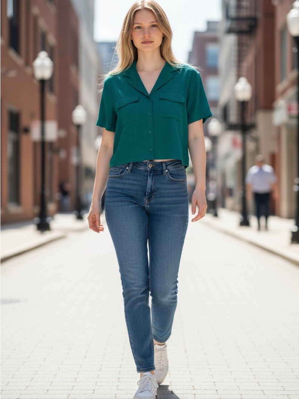 Athleta Teal Boxy Cropped Camp-Collar Shirt